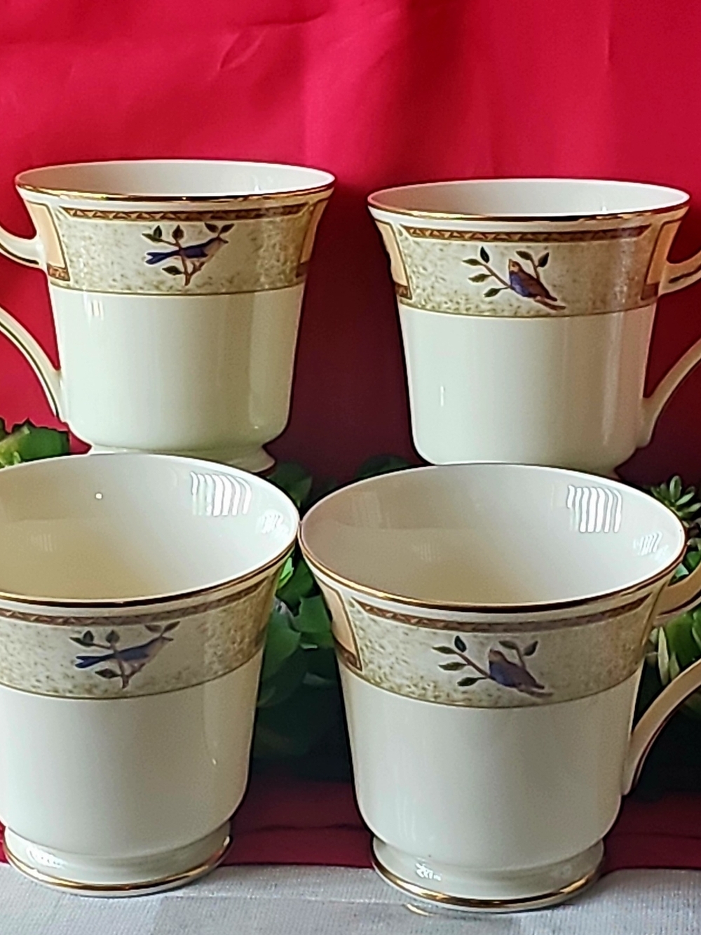 Mikasa "Parisian Sky" Ivory Mugs with Gold Trim and Blue Bird Motif - Set of 4
